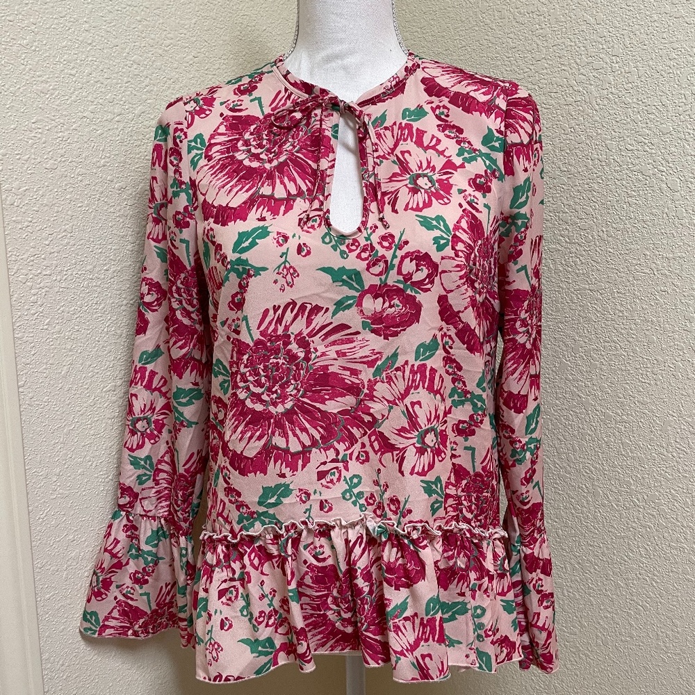 Anthropologie - Plenty by Tracy Reece - Pink Peony Floral Tie Neck Top